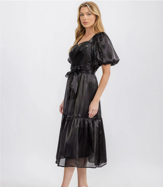 "Ashely" Short Puff Sleeve Self Tie Midi Dress