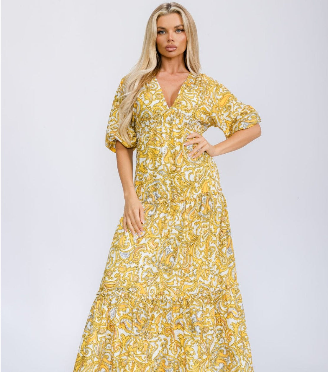 "Cindy" Short Sleeve V-neck Tiered Paisely Print Maxi Dress