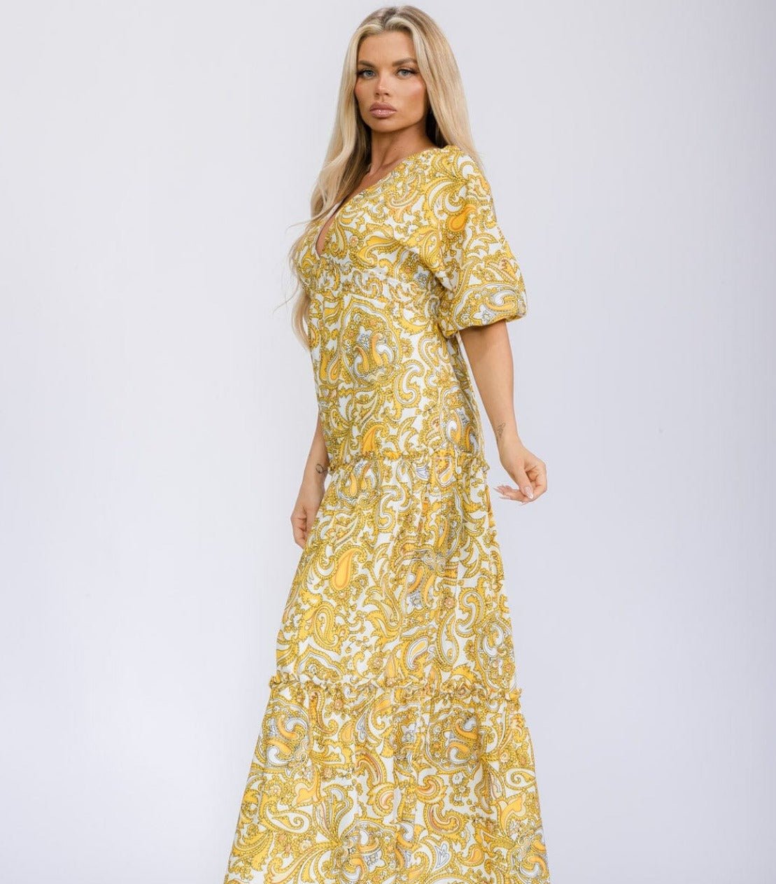 "Cindy" Short Sleeve V-neck Tiered Paisely Print Maxi Dress